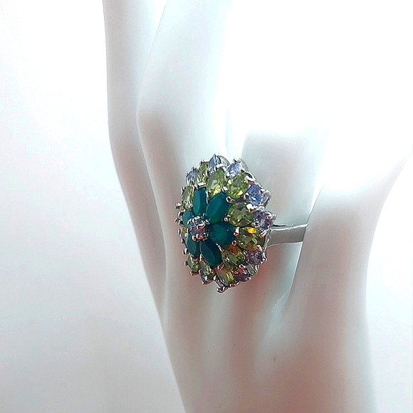 Natural Aventurine 6x4mm, Peridot, Tanzanite 925 Sterling Silver Ring Size 6.75 - Picture 6 of 10